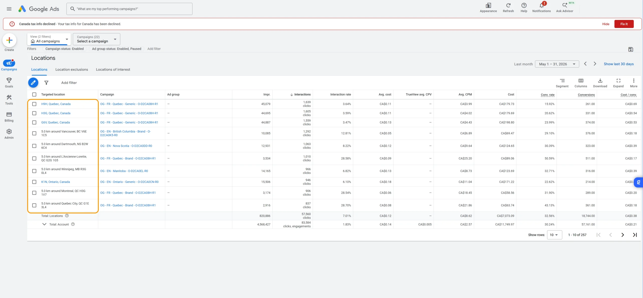 Google Ads location report showing cost, leads, and CPL by city and pincodes.