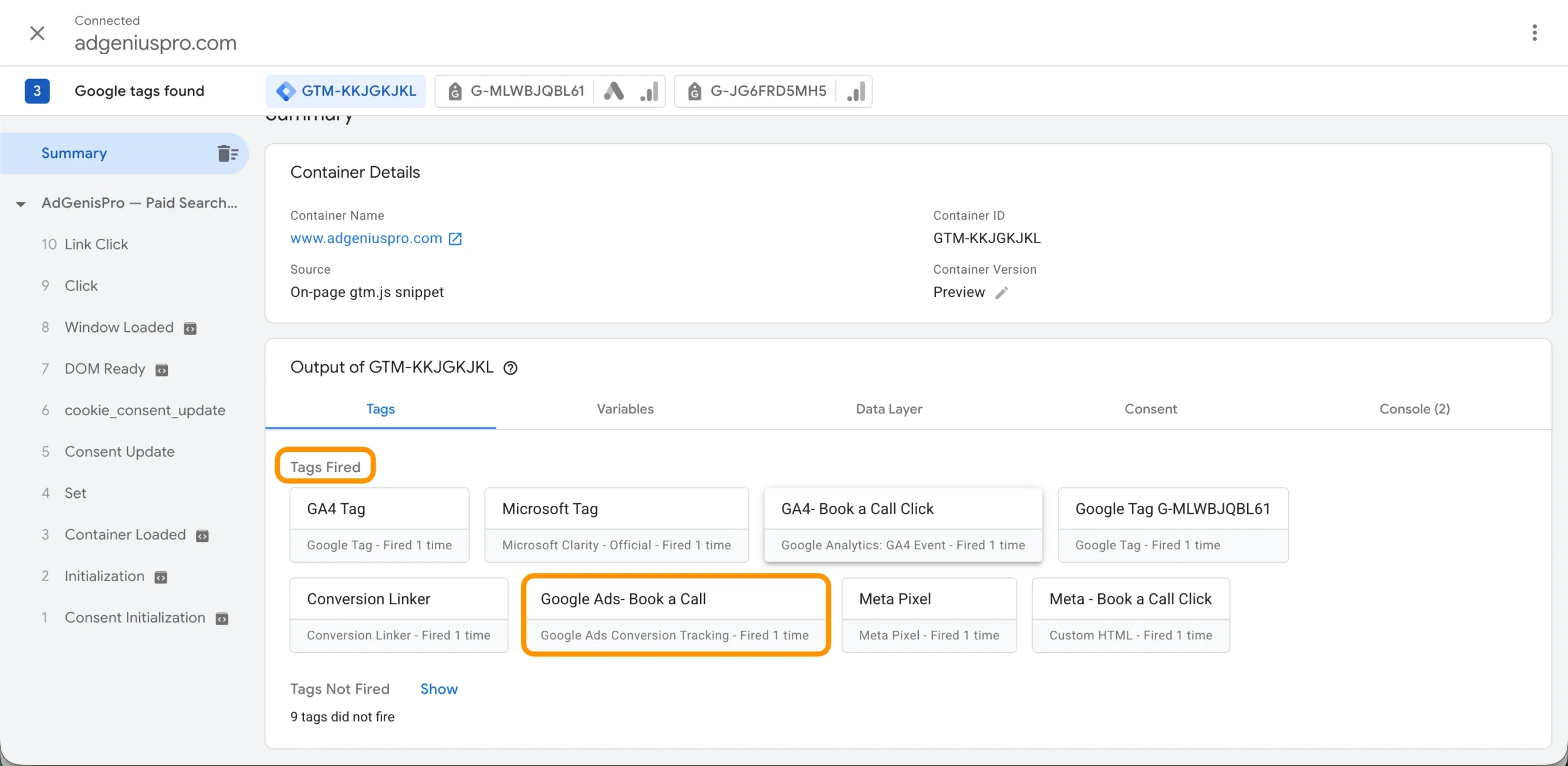Google Tag Manager preview mode showing Book a Call events firing correctly.