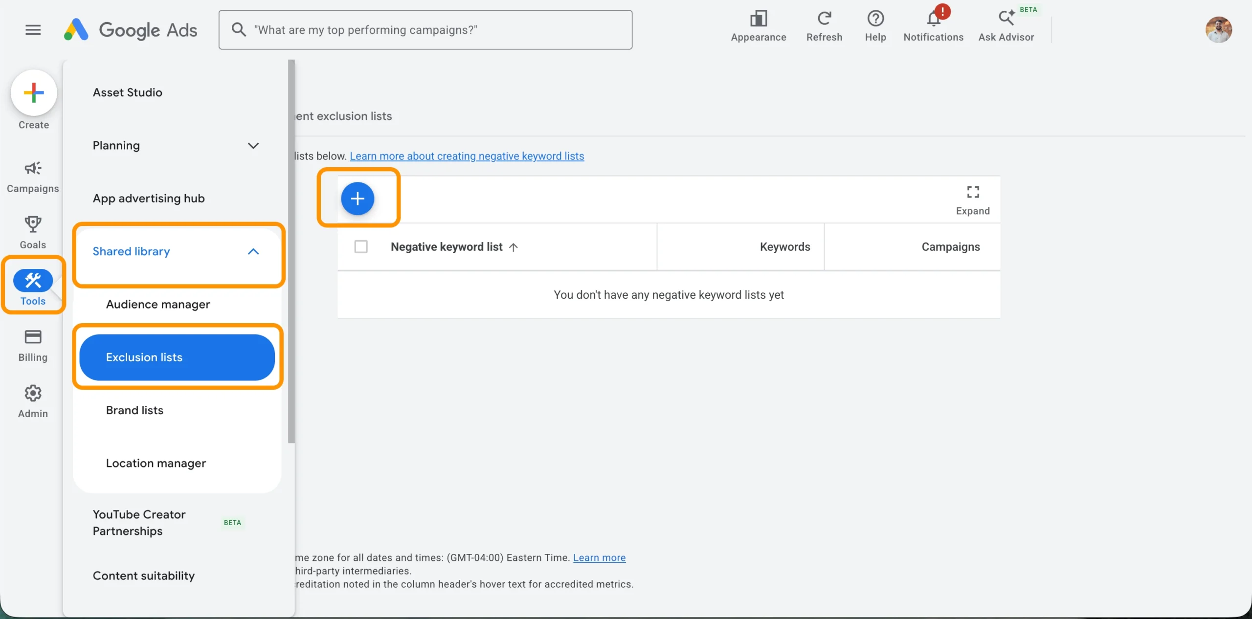 Google Ads Shared library showing exclusion lists option, negative keyword list option to better targeting