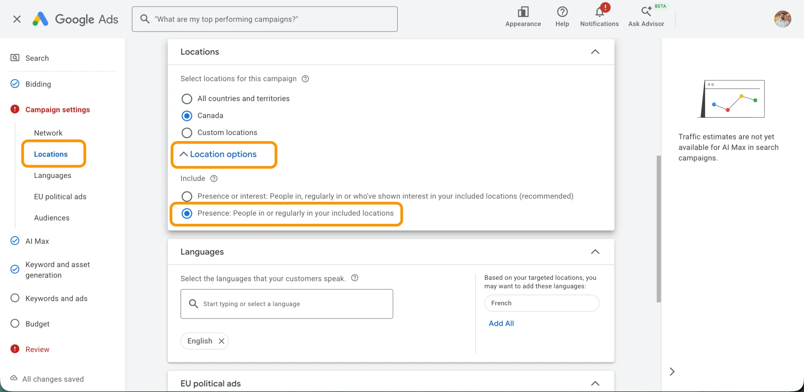 Google Ads location targeting settings showing “Presence” option selected.