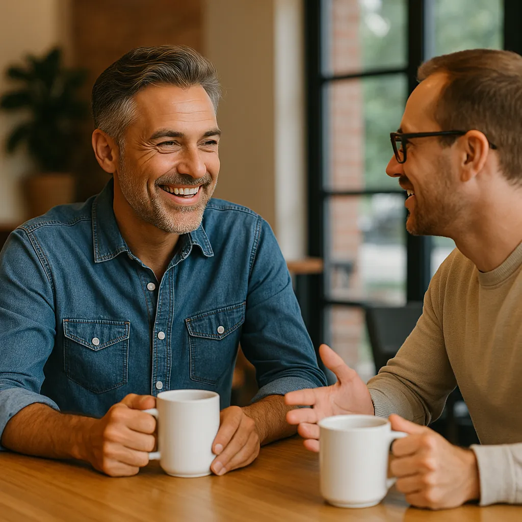 Two grown men talking and smiling with a cup of coffee in hands in cafe Two grown men talking and smiling with a cup of coffee in hands in cafe