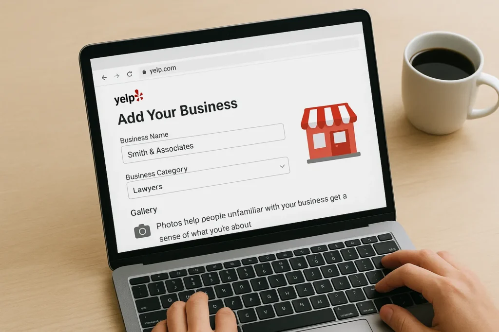 hand using macbook to list his law firm to the yelp
